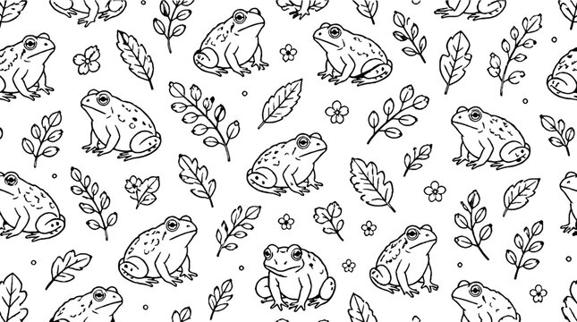 Whimsical frog and leaf pattern illustration.