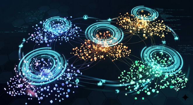 Network clusters glowing to show algorithmic segmentation and lookalike modeling from first‑party data.