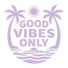 Obraz premium Light purple featuring palm trees, a sun, and ocean waves with the text good vibes only on a halftone white background isolated