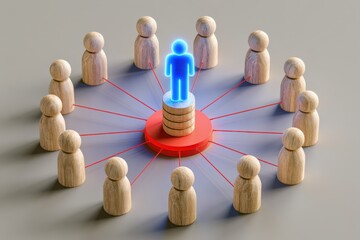 Obraz premium glowing blue wooden human figure standing on pedestal connected to surrounding wooden people
