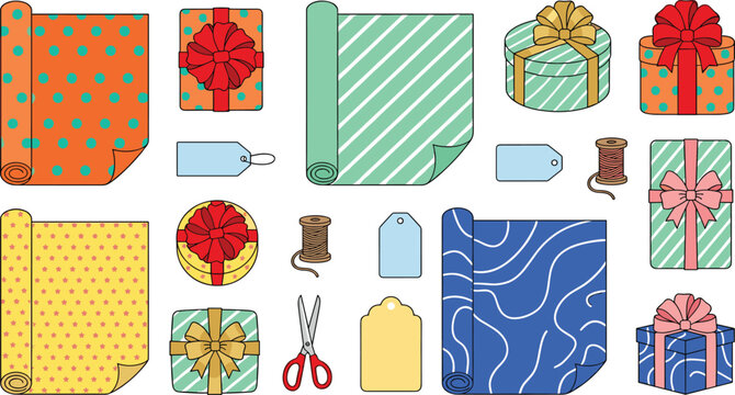 Gift Wrapping Station Vector Illustration Set with Colorful Wrapping Paper Rolls Present Boxes Bows Ribbons Scissors and Blank Hang Tags