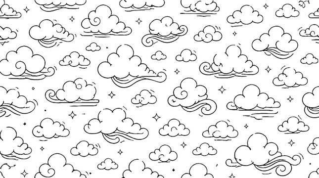 Whimsical hand drawn cloud and star patterns.