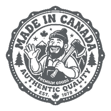 Made in canada authentic est 1978 badge with lumberjack character waving and holding an axe halftone isolated on white background