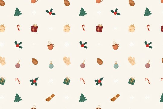 Seamless christmas pattern with flat of gift boxes, pine trees, holly berries, candy canes, and mugs on a light beige background