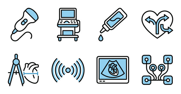Medical ultrasound diagnostic equipment vector icon set pack