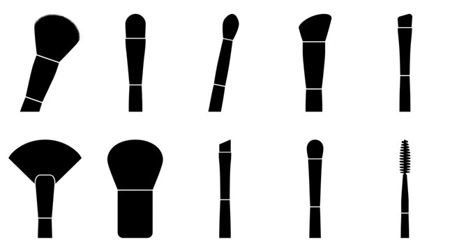 Cosmetic Makeup Brush Icon Set Featuring Diverse Professional Beauty Tools for Face and Eye Application