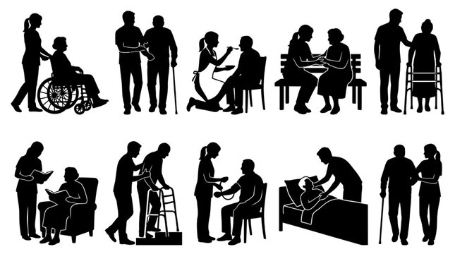 Caregiver Assisting Elderly People Silhouette Collection Set Featuring Nursing Support and Patient Medical Care Activities