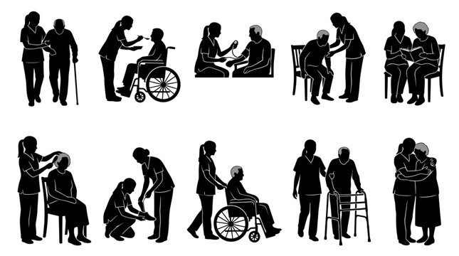 Caregiver Assisting Elderly Patient Silhouette Collection Set Featuring Nursing Home Support Poses