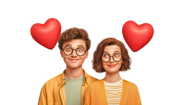 Nerdy Love A cheerful, bespectacled couple shares a moment of affection, with bright red hearts floating above them, symbolizing their budding romance and shared passion.