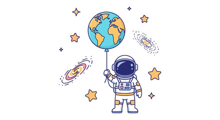 Naklejka premium Astronaut in a spacesuit holding a balloon shaped like the earth surrounded by stars and galaxies in space