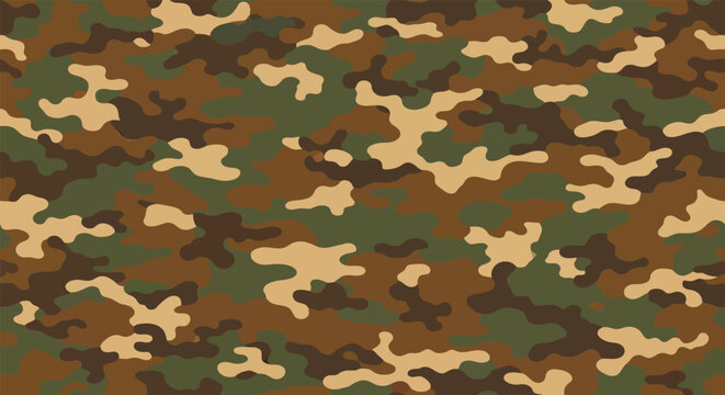 A seamless camouflage pattern in shades of green, brown, and tan, used for military clothing and gear, blending into natural environments