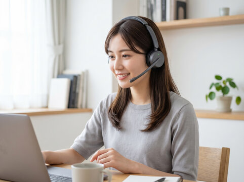 ヘッドセットをつけて笑顔で通話する女性