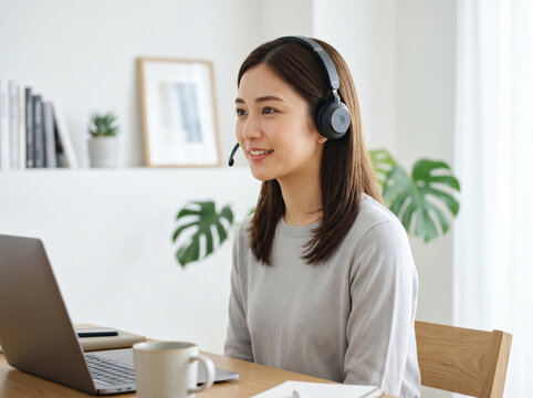 在宅勤務でインカムを使い誠実に顧客と話すオペレーター