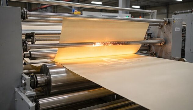 Medium shot of a singlelayer extrusion lamination line showing molten polymer film smoothly bonding onto a continuous moving paper web for flexible packaging production.