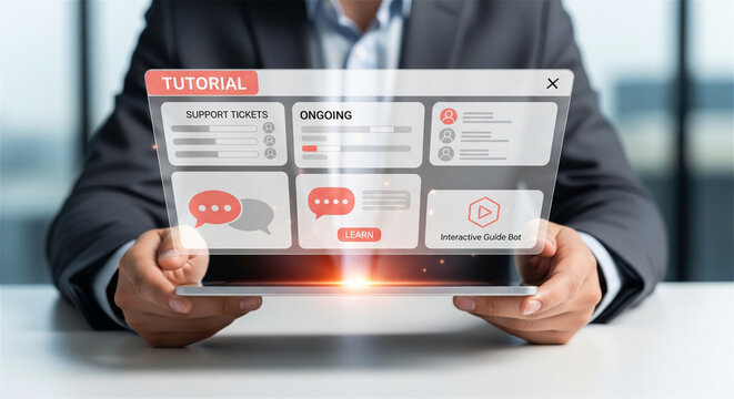 Interactive tutorial interface on digital tablet, businessman holding futuristic HUD screen
