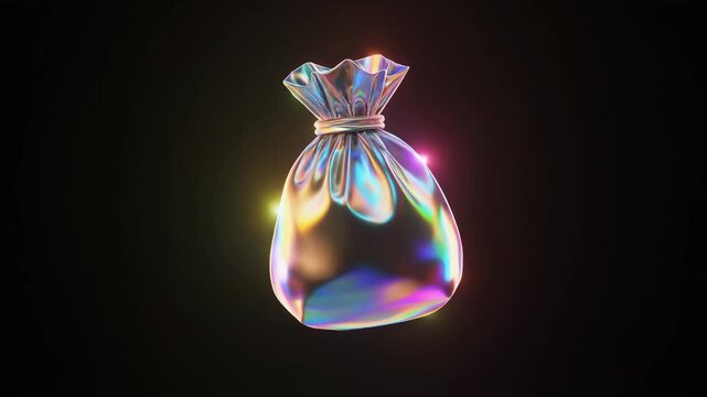 Iridescent drawstring bag floating on black background with soft purple and golden highlights, glossy reflective surface, studio lighting