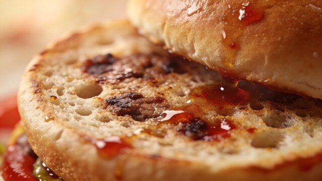Close-up of a toasted burger bun with a sweet glossy glaze dripping onto the textured surface.