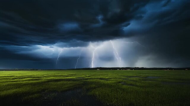 Wide marshland under a dramatic stormy sky with lightning strike; vibrant green grasses in foreground, dark blue clouds above, distant horizon of trees and small buildings