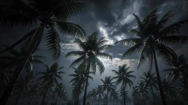 Dark tropical palm trees silhouetted against cloudy night sky with moonlight shining through