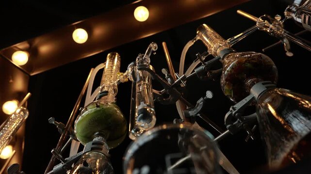Laboratory glassware distillation apparatus chemistry equipment for scientific experiment with illuminated glass tube, transparent flask, industrial process, and modern reflection closeup of pipes