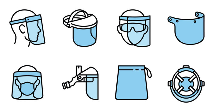 Protective face shields and medical safety gear icons set