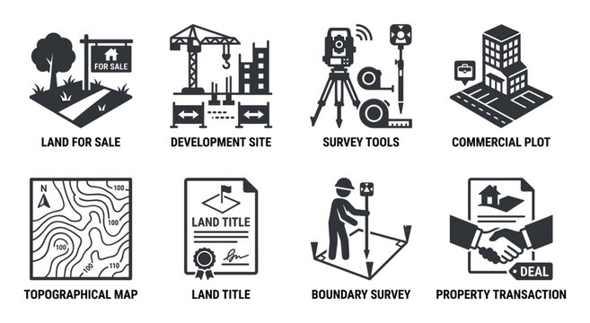 Real estate and land development isometric icons