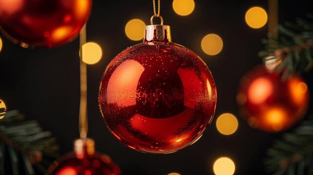 Shiny red Christmas ornaments hanging on tree with glowing warm holiday lights background