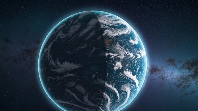 Realistic animation of planet Earth rotating in space. Transition from night to day on the globe. Astronomy and global environment concept