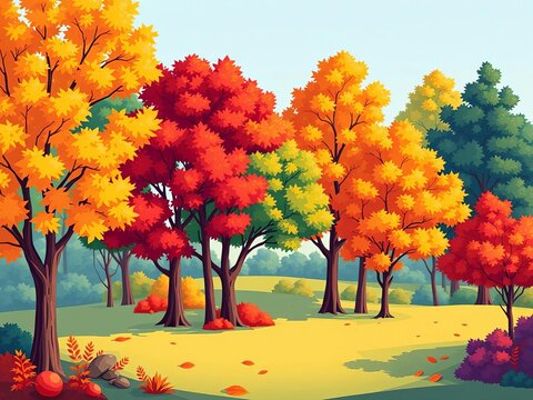 Cartoon-style illustration of a group of deciduous trees changing colors, ||deciduous, cartoon