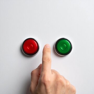 Primer plano mano con dedo &iacute;ndice estirado a punto de tocar un bot&oacute;n rojo o verde. Concepto de elecci&oacute;n minimalista