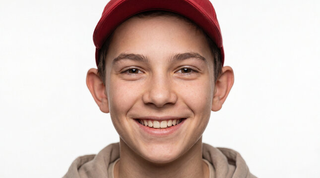 A charming young teenager with protruding ears and a baseball cap looks into the frame in close-up. Portrait of an average boy