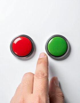 Primer plano mano con dedo &iacute;ndice estirado a punto de tocar un bot&oacute;n rojo o verde. Concepto de elecci&oacute;n minimalista