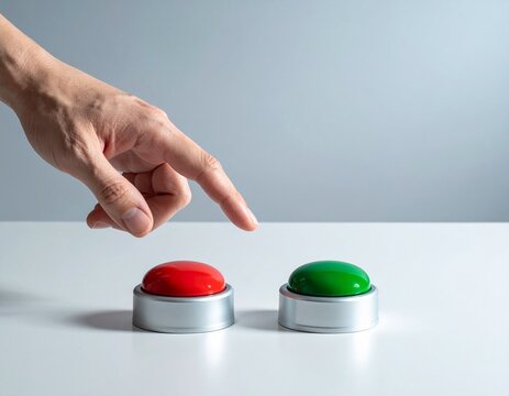Primer plano mano con dedo &iacute;ndice estirado a punto de tocar un bot&oacute;n rojo o verde. Concepto de elecci&oacute;n minimalista