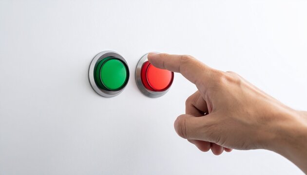 Primer plano mano con dedo &iacute;ndice estirado a punto de tocar un bot&oacute;n rojo o verde. Concepto de elecci&oacute;n minimalista
