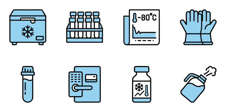 Set of laboratory equipment icons with cold storage freezer