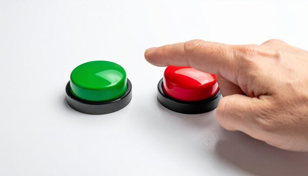 Primer plano mano con dedo &iacute;ndice estirado a punto de tocar un bot&oacute;n rojo o verde. Concepto de elecci&oacute;n minimalista