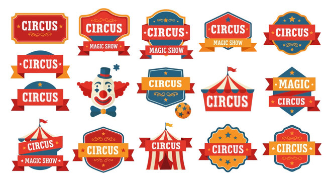 Colorful circus magic show labels, icons, and logos with clown and tent on isolated for design elements