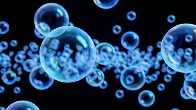 A mesmerizing array of translucent blue bubbles floating against a dark background