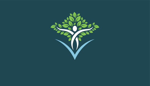 Conceptual health and vitality logo presenting a human figure with raised arms transforming into a lush green tree.