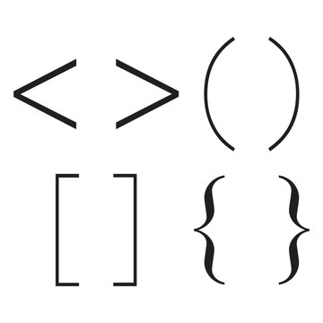 Bracket Symbols Icon Set. Minimal bracket symbols icon set featuring parentheses, square brackets, curly braces, and angle brackets with black thin Line style Isolated on White background.
