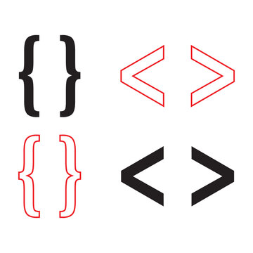 Bracket Symbols Collection Vector Icon Set with Curly Braces and Angle Brackets. Modern vector icon set featuring Red and black solid and outline style on white background.