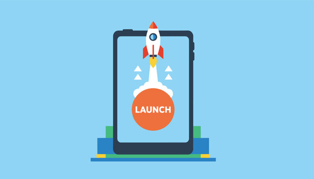 Creative graphic of a rocket ship launching from a smartphone screen with a big red launch button on a blue background.