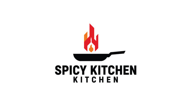 Creative culinary logo design for Spicy Kitchen presenting a hot black frying pan with stylized red and orange flames.
