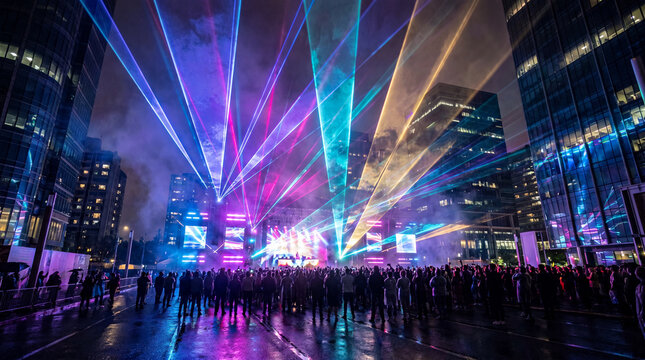 A light laser show in the city. Festival, project, performance, open-air concert