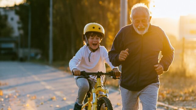 Cheerful senior man jogging beside his grandson on a bicycle through a golden autumn park for active lifestyle and generational bonding content