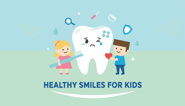 Cute cartoon kids holding a big toothbrush and heart next to a crying tooth to promote healthy smiles for children.