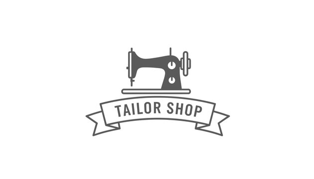 Vintage sewing machine logo design with elegant ribbon banner for professional tailor shop and fashion design business.