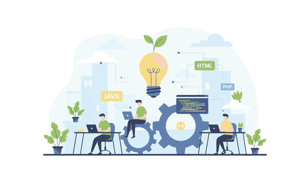Programmers and developers working on laptops around gears with a large growing lightbulb to symbolize innovative coding.