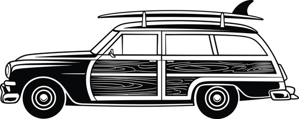 Vintage surf wagon car vector illustration, classic beach vehicle with rooftop surfboard design © MdMajnur