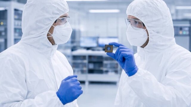 Workers in protective clothing inspecting microchip in a modern scientific laboratory.


